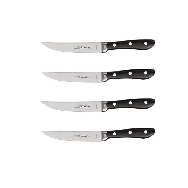 5 in. High Carbon Steel Full T Blade with Serrated Edge Steak Knife with Black Polycarbonate Handle (Set of 4)