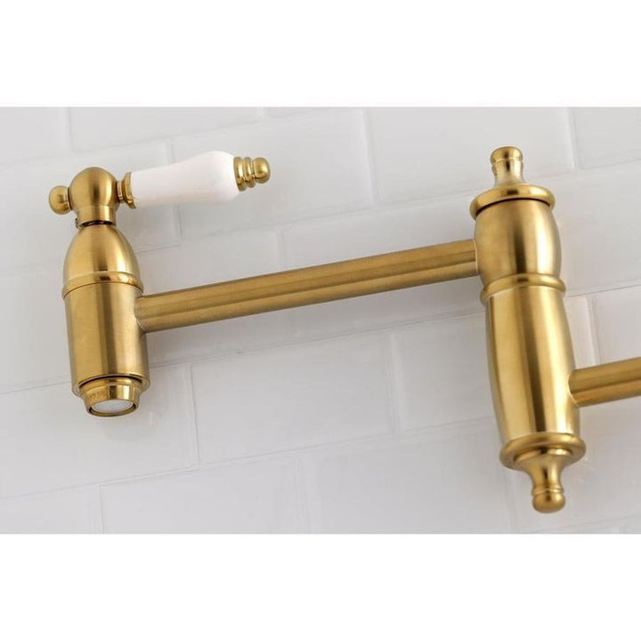 Kingston Brass Restoration Brushed Brass 2-Handle Wall-Mount Pot Filler Handle Kitchen Faucet