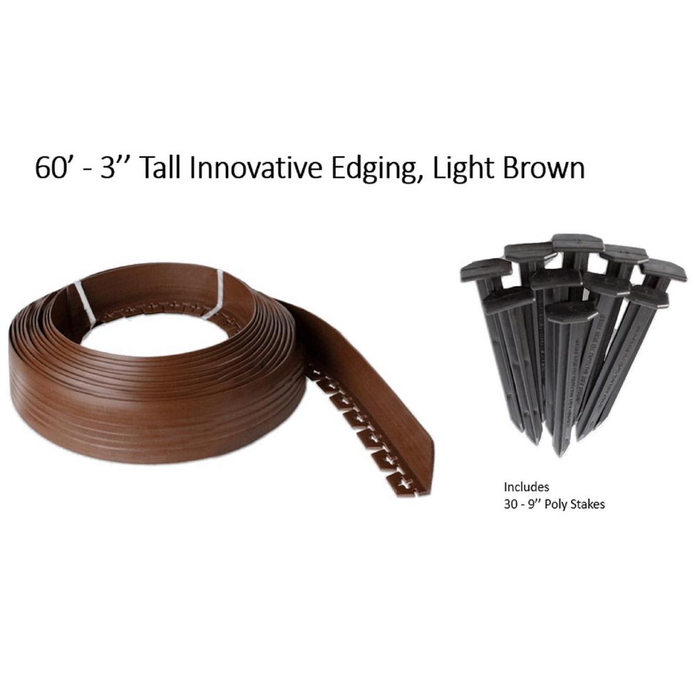 Valley View Industries 60 ft. L x 2 in. W x 3 in. H Light Brown Tall Resin Innovative Edge No Dig Edging with 9 in. Poly Stakes (30-Quantity) - Super Arbor