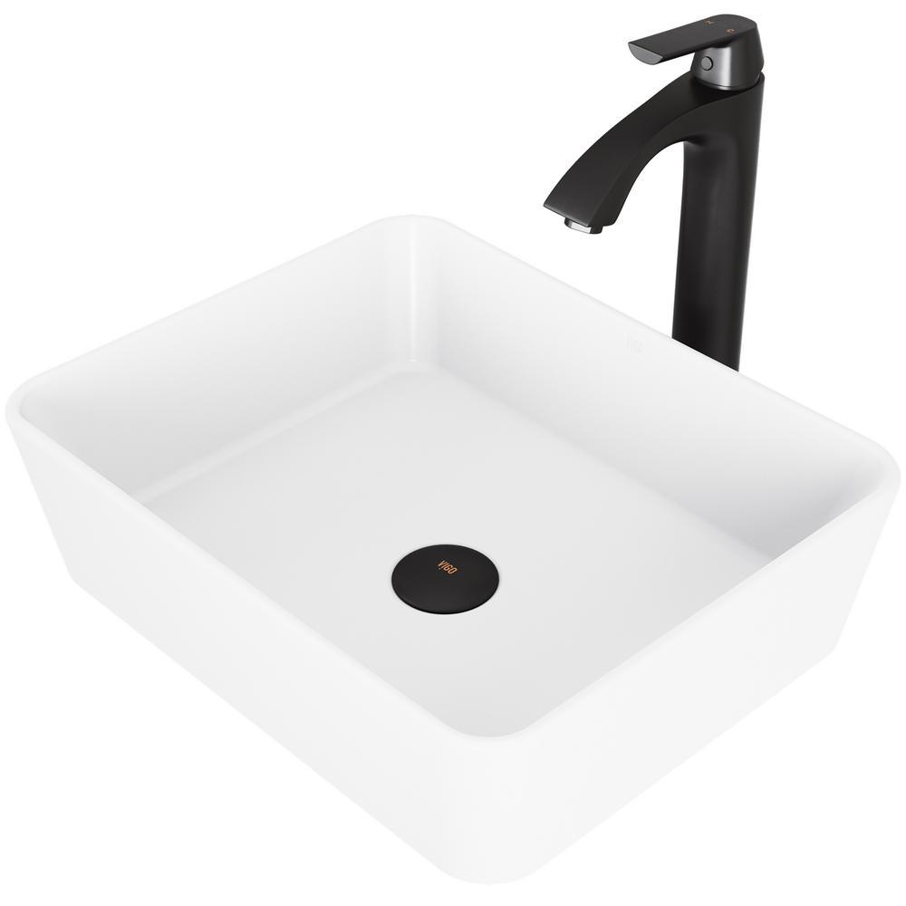 Marigold White Matte Stone Vessel Bathroom Sink and Linus Bathroom Vessel Faucet in Brushed Nickel - Super Arbor