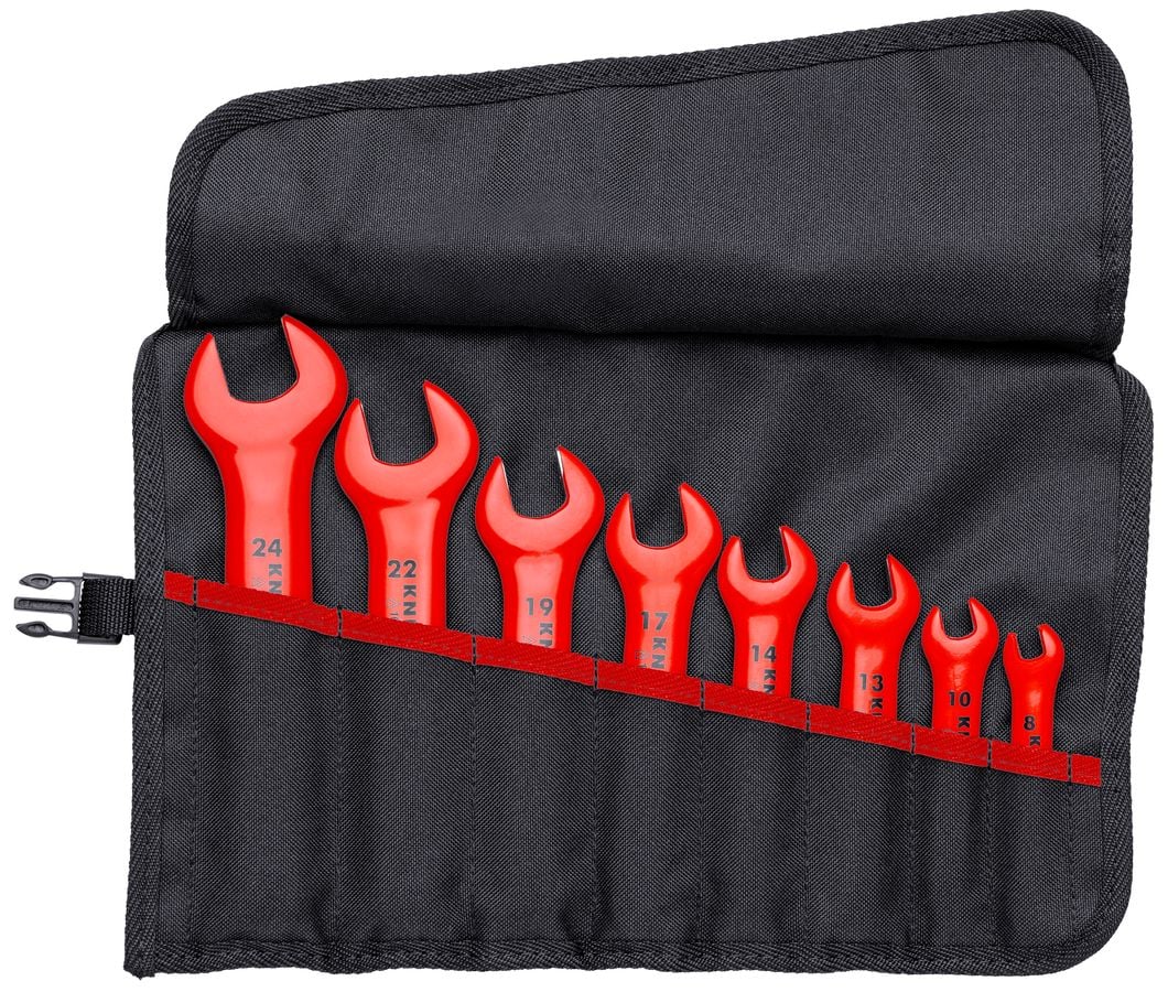 KNIPEX 8-Piece Open-End Wrench Set, Metric, 1000V Insulated with Roll-Up Pouch (Sizes 8–24 mm)