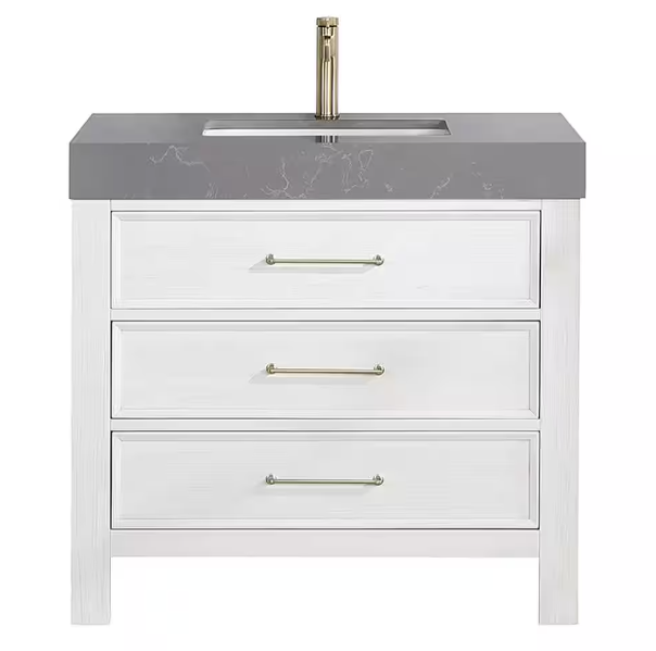 León 36 in.W x 22 in.D x 34 in.H Single Sink Bath Vanity in Fir Wood White with Grey Composite Stone Top