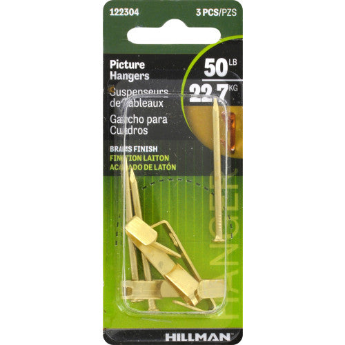 Hillman Conventional Picture Hangers, 50 lb Capacity, Brass Finish, 3-Pack