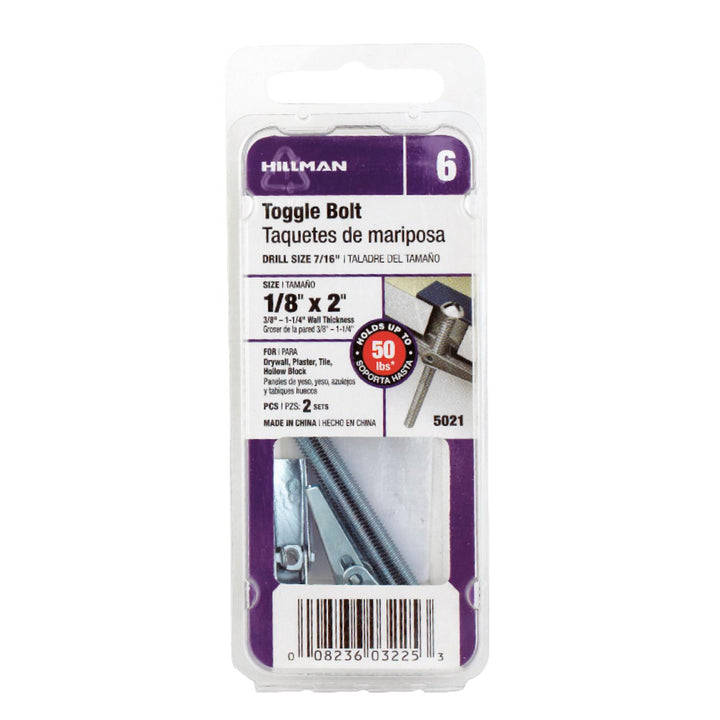 Hillman 1/8 in. D x 2 in. L Round Steel Toggle Bolt, Zinc-Plated, 2-Pack