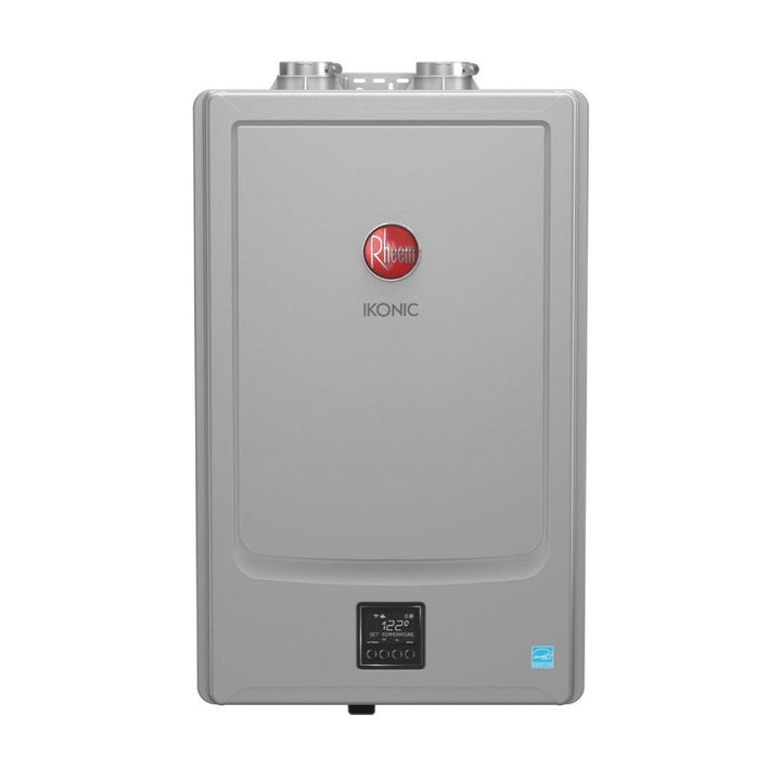 Rheem RRTGHSR11I700191 199 MBH Indoor Condensing Natural Gas/Propane Gas Tankless Water Heater shown centered on a square white background
