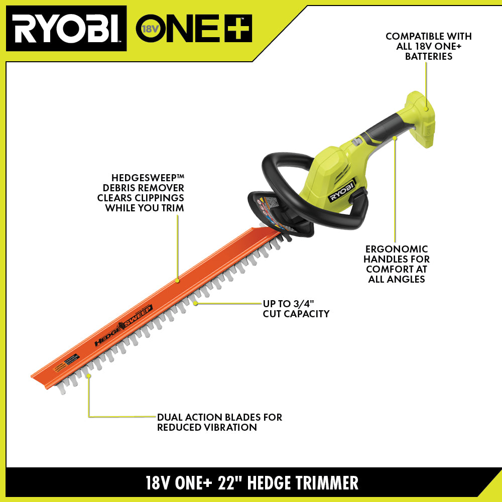 RYOBI ONE+ 22 in. 18-Volt Lithium-Ion Cordless Hedge Trimmer (Tool Only)