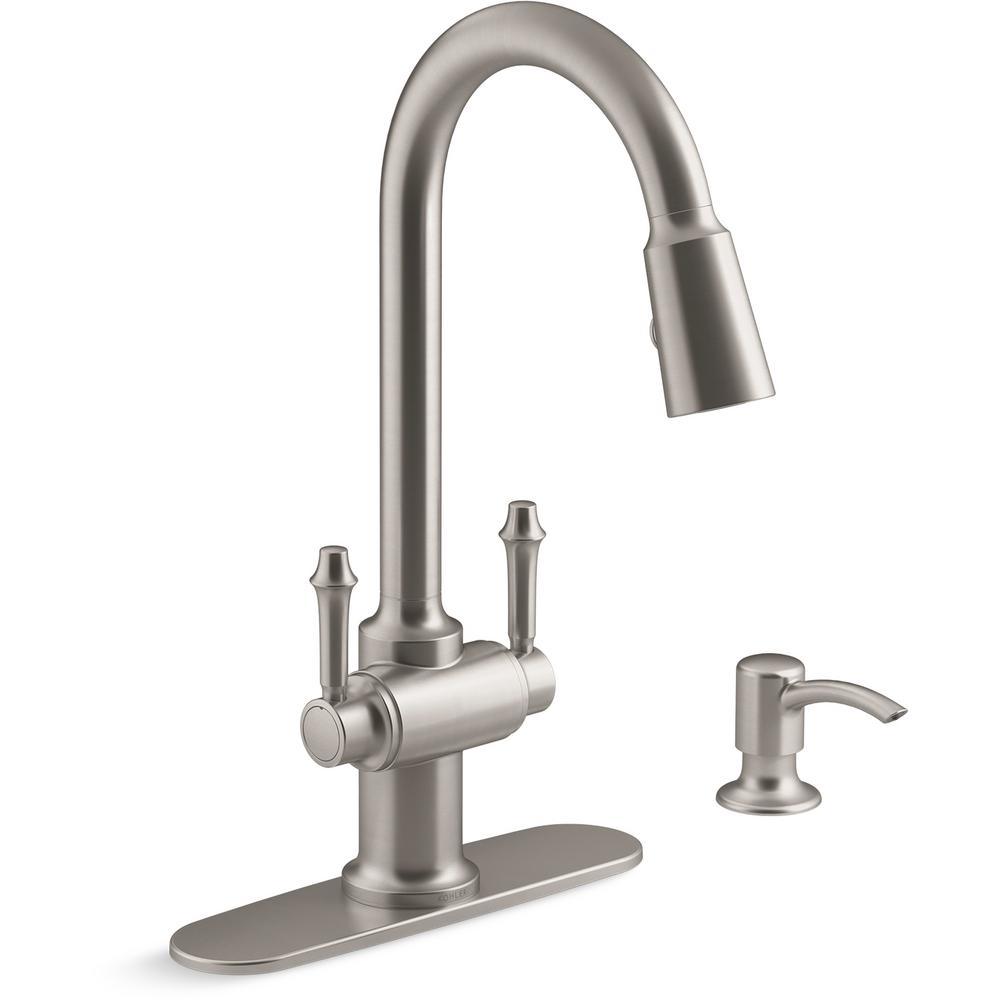 Thierry Two Handle Pull-Down Sprayer Kitchen Faucet with Soap Dispenser in Oil-Rubbed Bronze - Super Arbor
