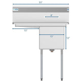 Freestanding Stainless Steel 33 in. 2-Hole Single Bowl Commercial Kitchen Sink with Left Side Drainboard