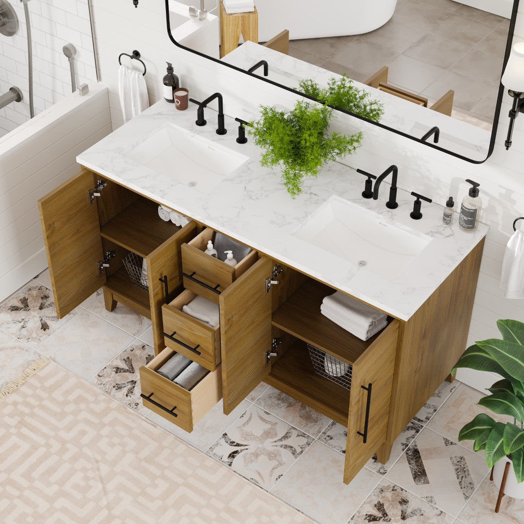Eviva Graham 60"W x 22"D Oak Double Sink Bathroom Vanity with White Arabescato Engineered Stone Countertop and Undermount Ceramic Sinks