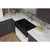 Farmhouse Apron Front Quartz Composite 34 in. Double Bowl Kitchen Sink in Black - Super Arbor