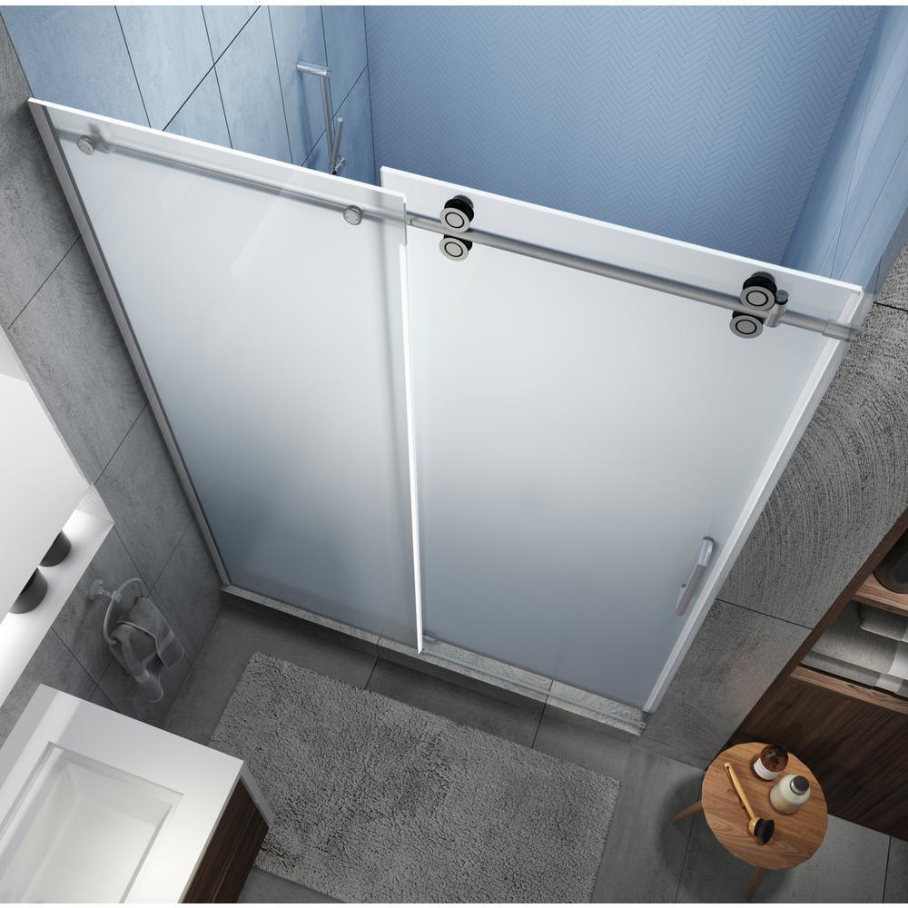 Langham XL 68 - 72 in. x 80 in. Frameless Sliding Shower Door with Ultra-Bright Frosted Glass in Stainless Steel - Super Arbor
