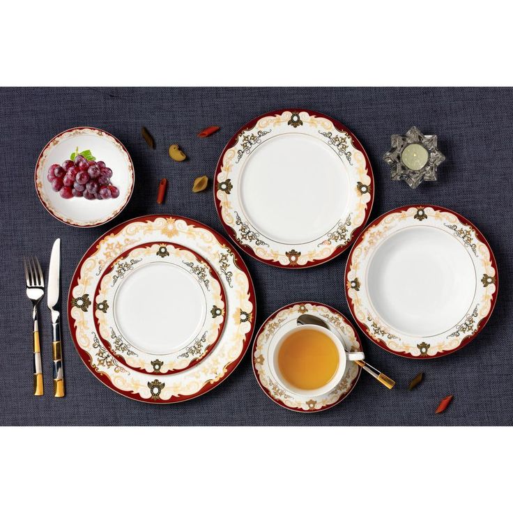 57-Piece Patterned Red Bone China Dinnerware Set (Service for 8)