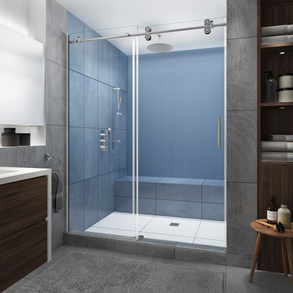 Langham XL 68 - 72 in. x 80 in. Frameless Sliding Shower Door with Ultra-Bright Frosted Glass in Stainless Steel - Super Arbor