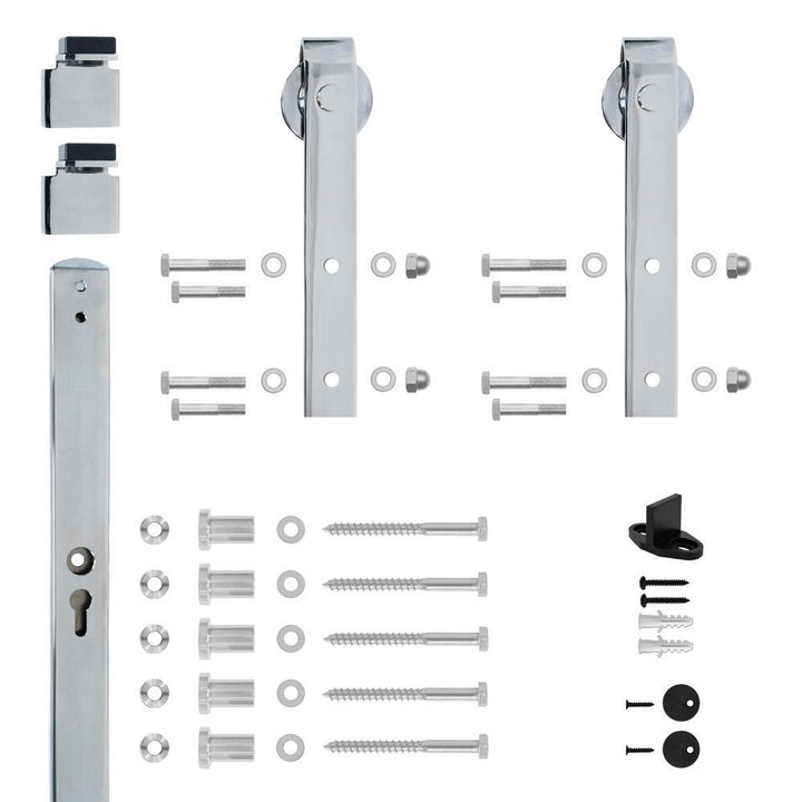 Hook Strap Chrome Rolling Barn Door Hardware Kit with 2-3/4 in. Wheel - Super Arbor