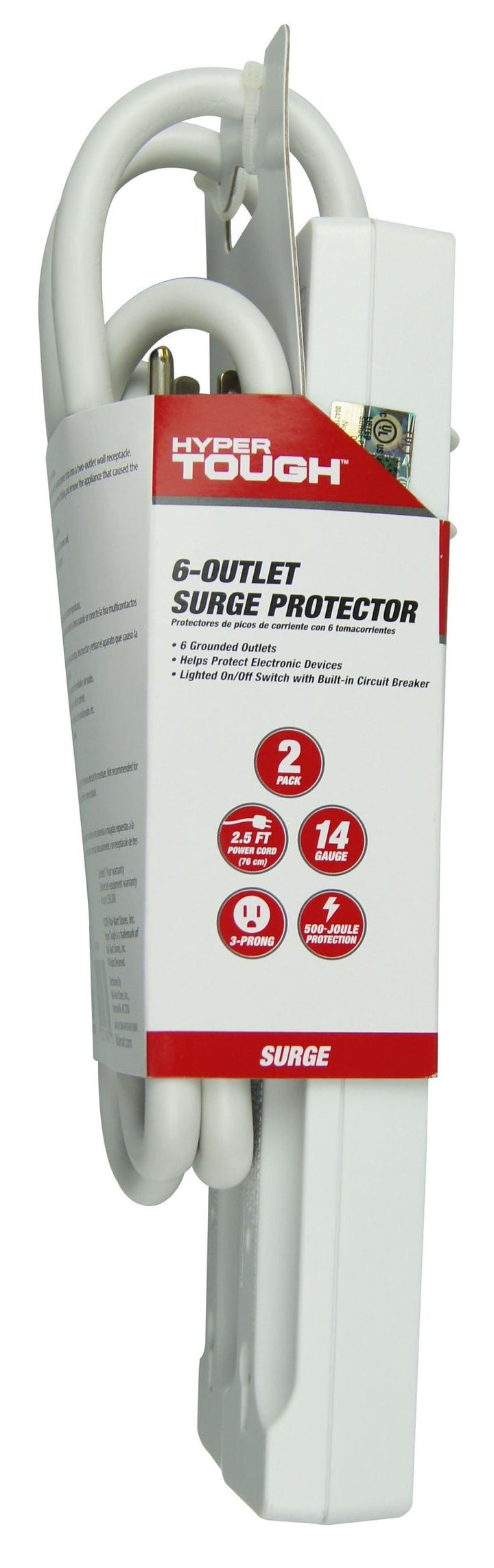 Hyper Tough 2 Pack 6-Outlet Surge Protector with 2.5 ft Cords 500-Joule, White