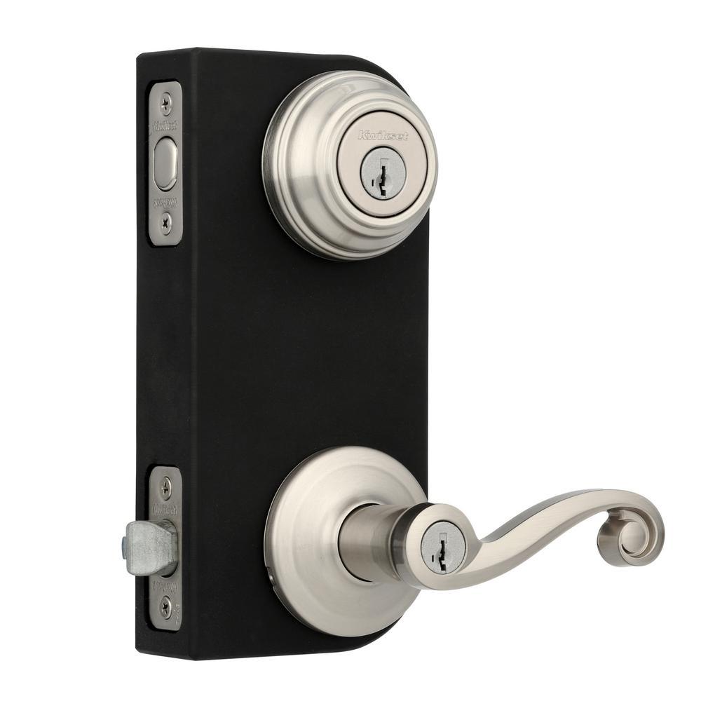 Lido Satin Nickel Exterior Entry Door Lever and Single Cylinder Deadbolt Combo Pack Featuring SmartKey Security - Super Arbor