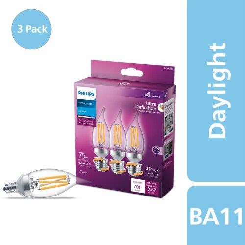 Philips 75-Watt Equivalent BA11 Dimmable Edison Glass LED Candle Light Bulb Bent Tip Candelabra Base Daylight (5000K) (3-Pack)