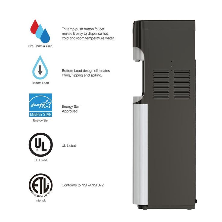 Hot Cold and Room Temp Water Dispenser Cooler Bottom Load, Tri-Temp, Black and Brush Stainless Steel, Essential Series