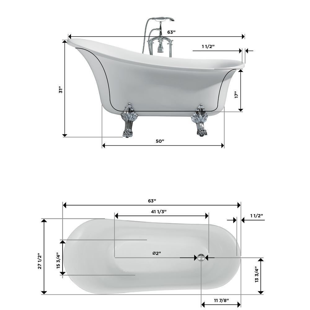63 in. Acrylic Right Drain Oval Claw Foot Freestanding Bathtub in White - Super Arbor