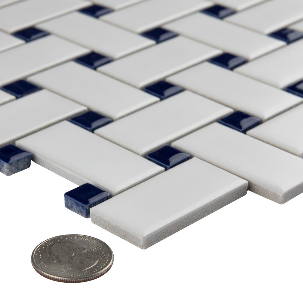 Merola Tile Metro Basketweave Matte White with Cobalt Dot 11-3/4 in. x 11-3/4 in. Porcelain Mosaic Tile (19.58 sq. ft./Case)