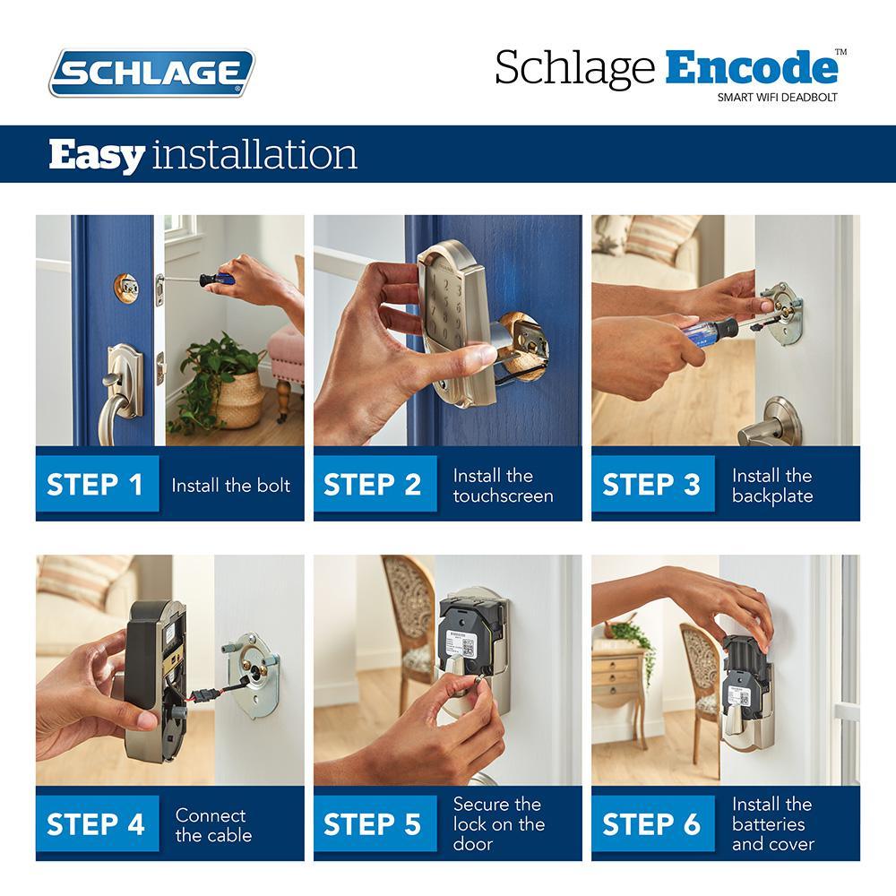 Camelot Satin Nickel Encode Smart Wi-Fi Deadbolt with Alarm and Camelot Handle Set with Accent Lever with Camelot Trim - Super Arbor