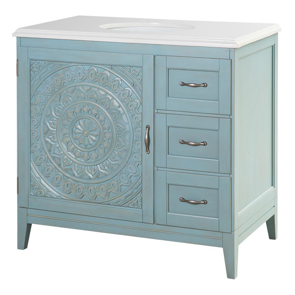 Chennai 37 in. W Single Vanity in Blue Wash with Engineered Stone Vanity Top in Crystal White with White Sink - Super Arbor