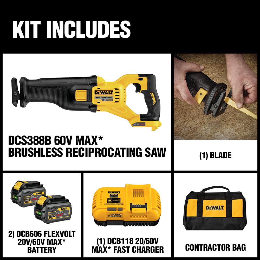 FLEXVOLT 60-Volt MAX Lithium-Ion Cordless Brushless Reciprocating Saw with (2) Batteries 2Ah, Charger and Contractor Bag - Super Arbor
