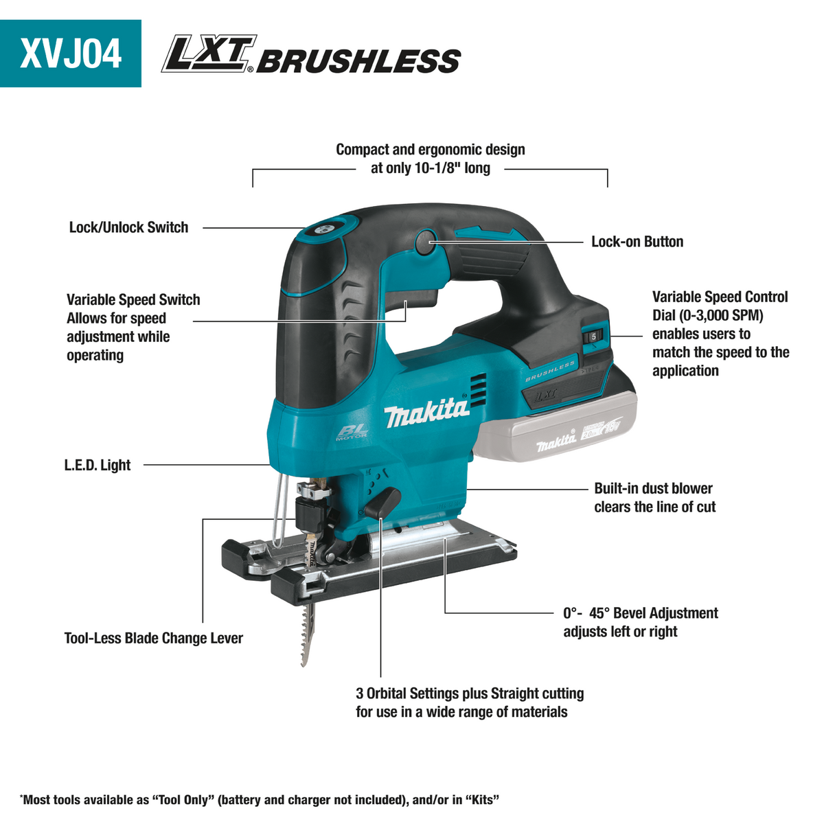 Makita 18V LXT Brushless Cordless Jig Saw, Tool Only (XVJ04Z) + Bonus 18V LXT 5.0Ah Battery