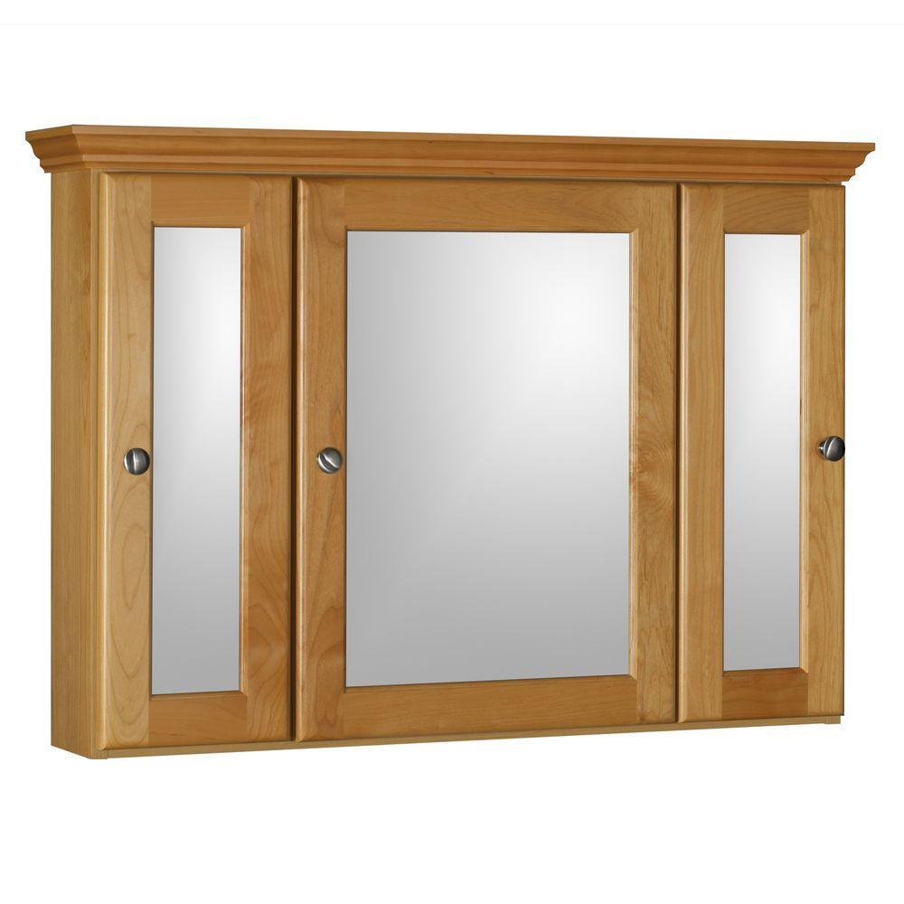 Ultraline 36 in. W x 27 in. H x 6-1/2 in. D Framed Tri-View Surface-Mount Bathroom Medicine Cabinet in Natural Alder - Super Arbor
