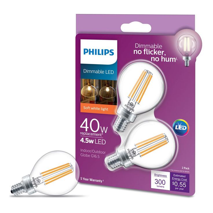 Philips 40-Watt Equivalent G16.5 LED Light Bulb Soft White Globe (2-Pack)