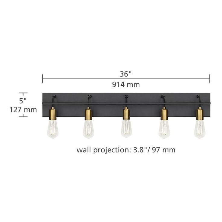 Tae 36 in. W 5-Light Black Industrial Metal Bathroom Vanity Light with Aged Brass Socket Cups and Black Cords