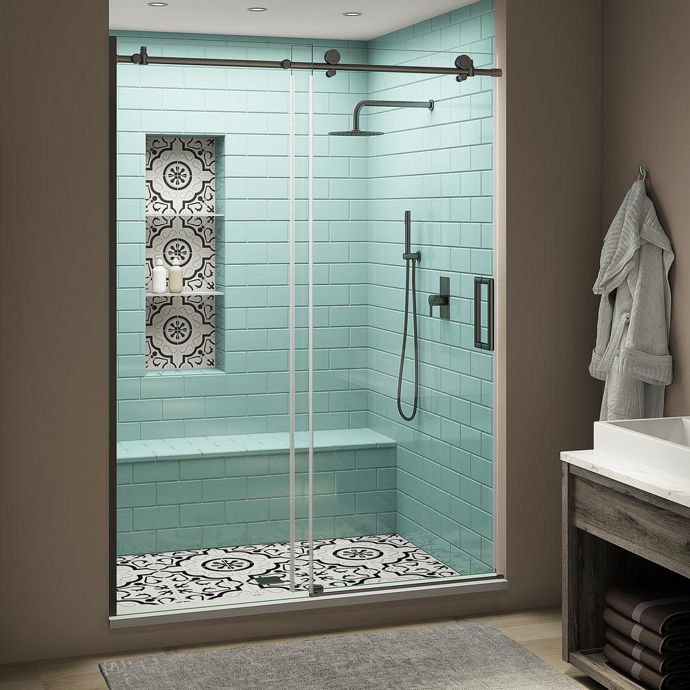 Coraline XL 56 - 60 in. x 80 in. Frameless Sliding Shower Door with StarCast Clear Glass in Stainless Steel Right Hand - Super Arbor