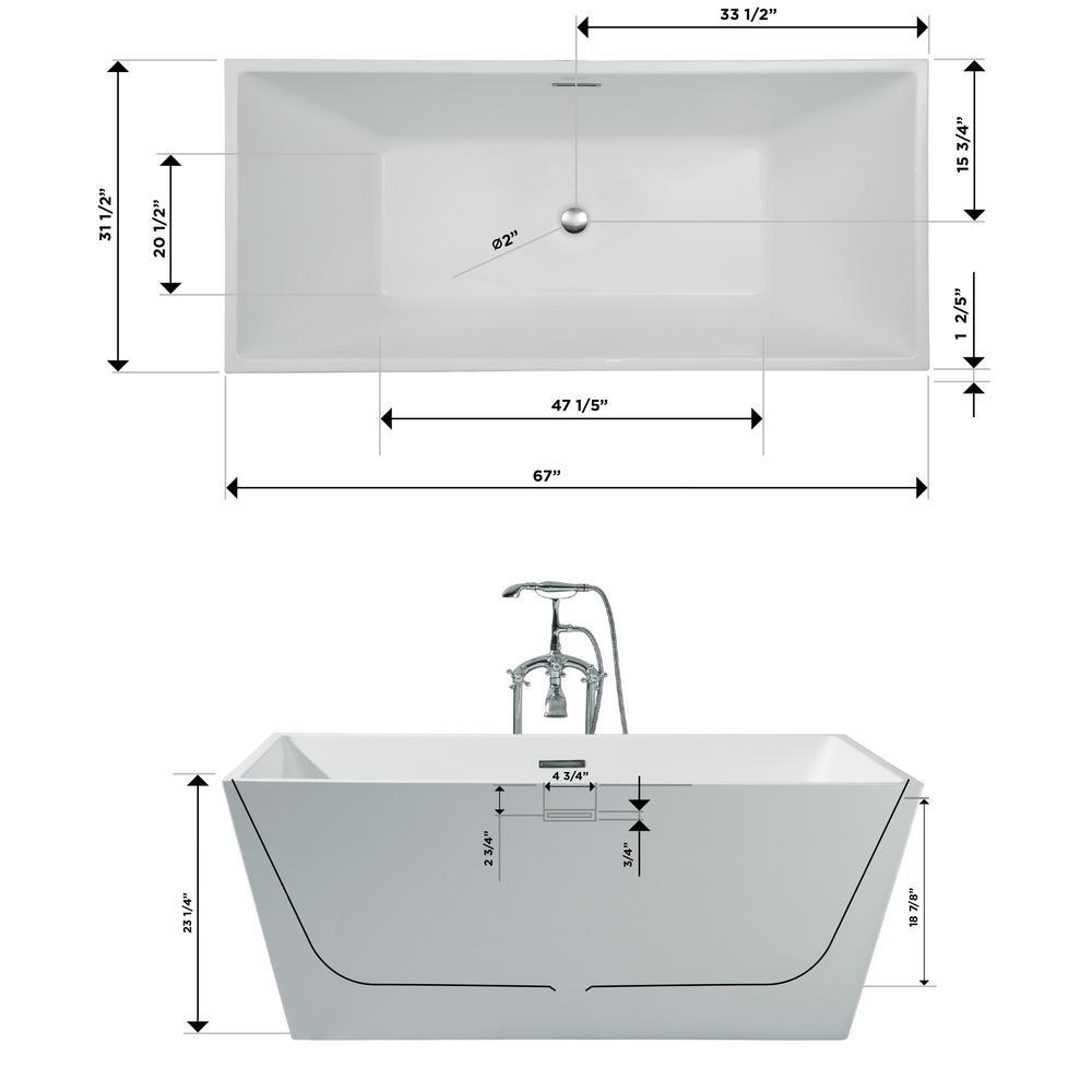 67 in. Acrylic Center Drain Rectangle Flat Bottom Freestanding Bathtub in White - Super Arbor