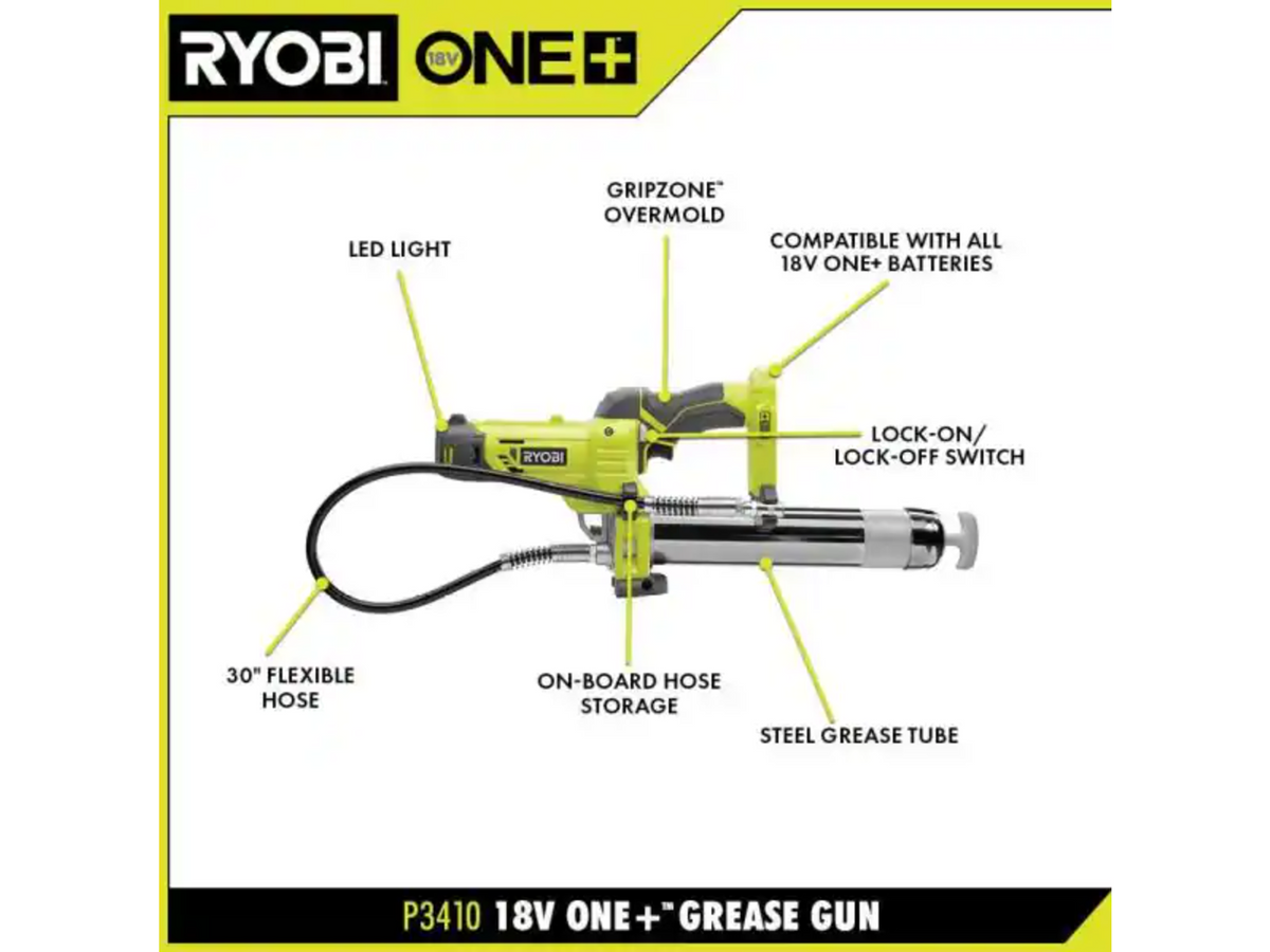 RYOBI ONE+ 18V Cordless Grease Gun Kit with 2.0 Ah Lithium-Ion Battery and Dual Chemistry Charger