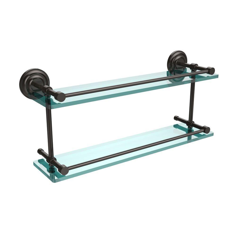 Que New 22 in. L x 8 in. H x 5 in. W 2-Tier Clear Glass Bathroom Shelf with Gallery Rail in Satin Nickel - Super Arbor