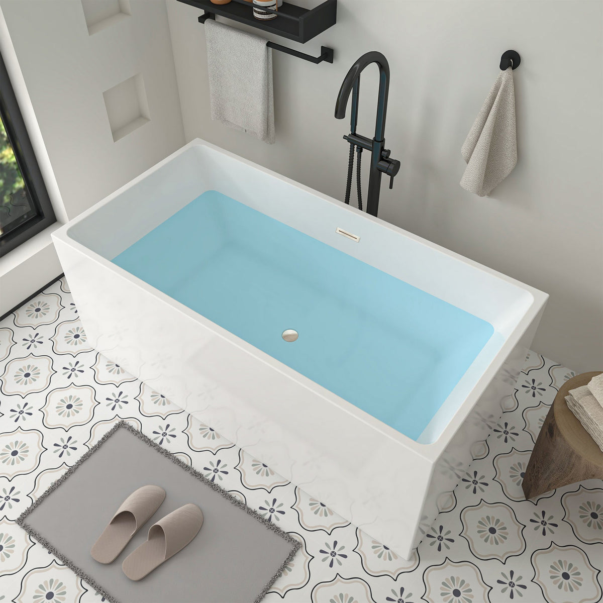 Vanity Art Talence 59 in. Acrylic Flatbottom Freestanding Bathtub in White/Polished Chrome