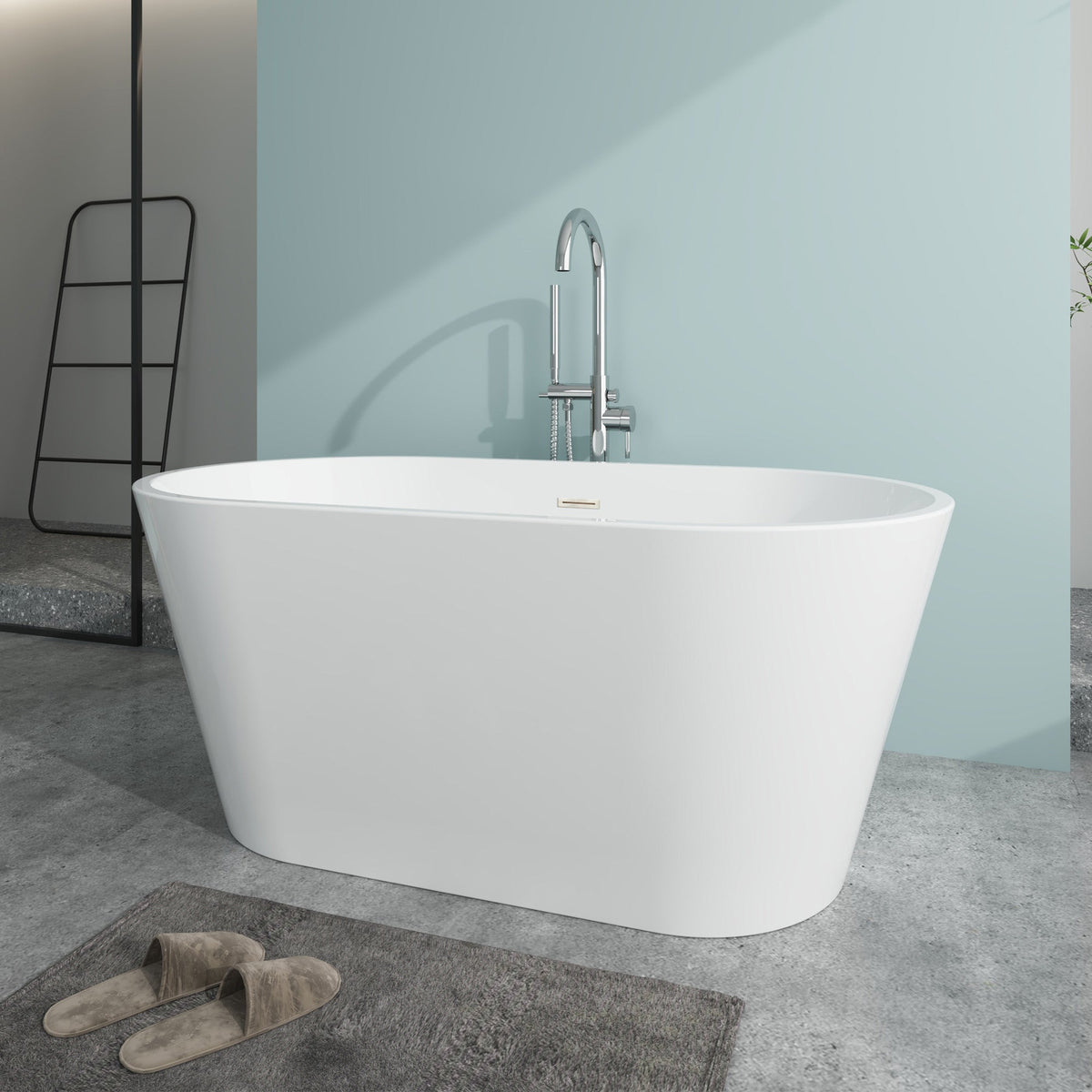 Vanity Art Domme 59 in. Acrylic Flatbottom Freestanding Non-Slip Bathtub in White with Integrated Overflow