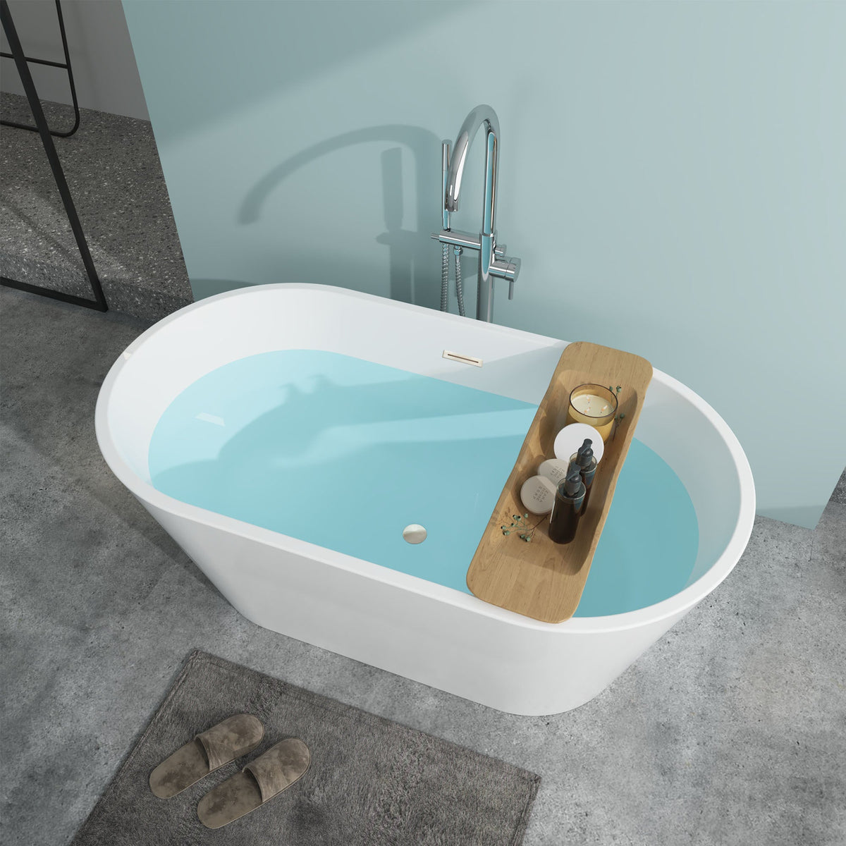 Vanity Art Domme 59 in. Acrylic Flatbottom Freestanding Non-Slip Bathtub in White with Integrated Overflow