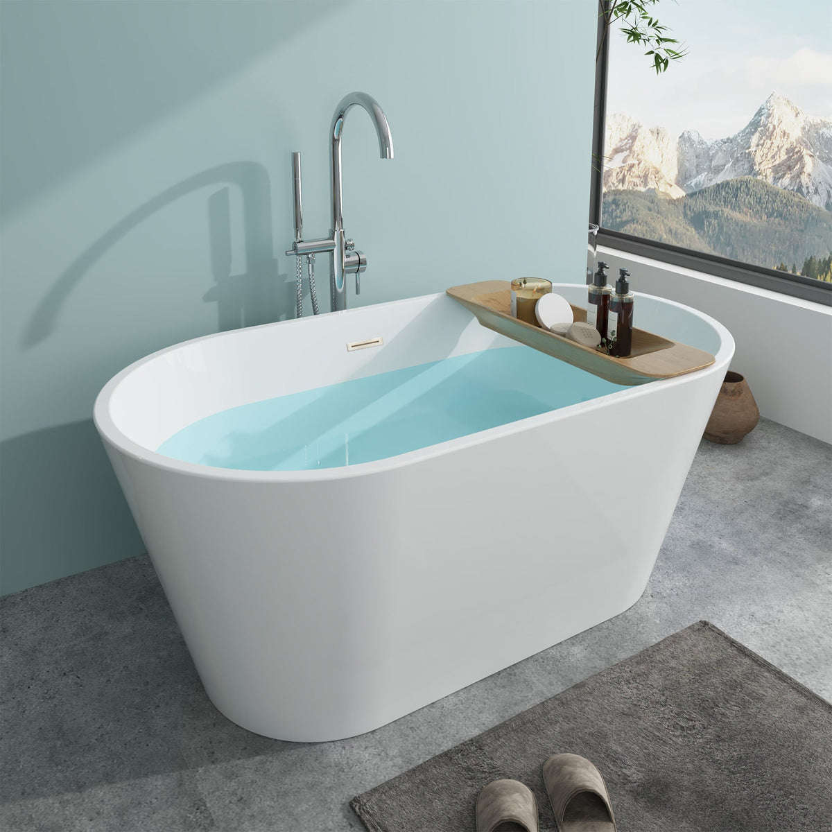Vanity Art Domme 54 in. Acrylic Flatbottom Freestanding Non-Slip Bathtub in White/Polished Chrome