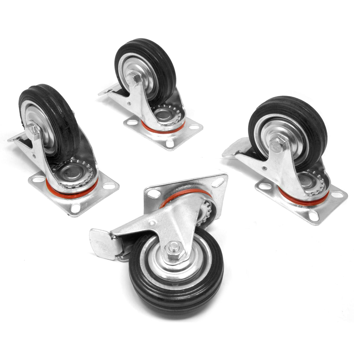 WEN 3 in. 120 lbs Capacity Rubber Roller-Bearing Swivel Plate Casters with Brake (4-Pack)