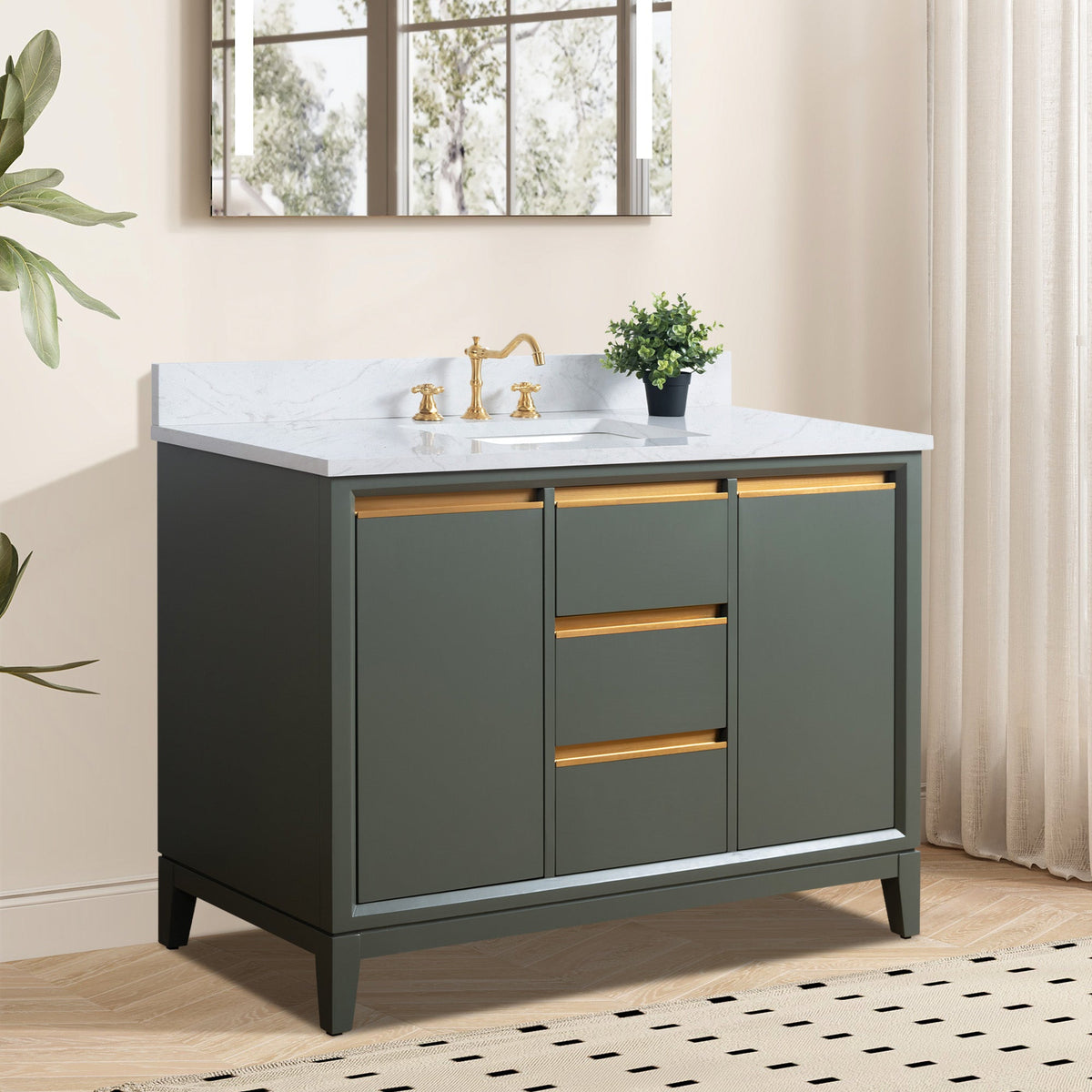 Vanity Art 48 in. W x 22 in. D x 34 in. H Single Sink Bathroom Vanity Cabinet in Vintage Green with Engineered Marble Top