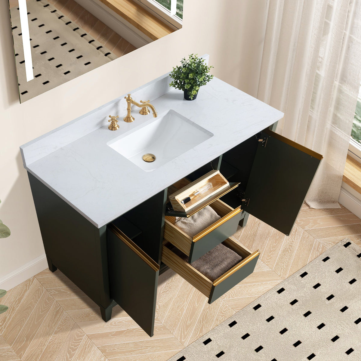 Vanity Art 48 in. W x 22 in. D x 34 in. H Single Sink Bathroom Vanity Cabinet in Vintage Green with Engineered Marble Top