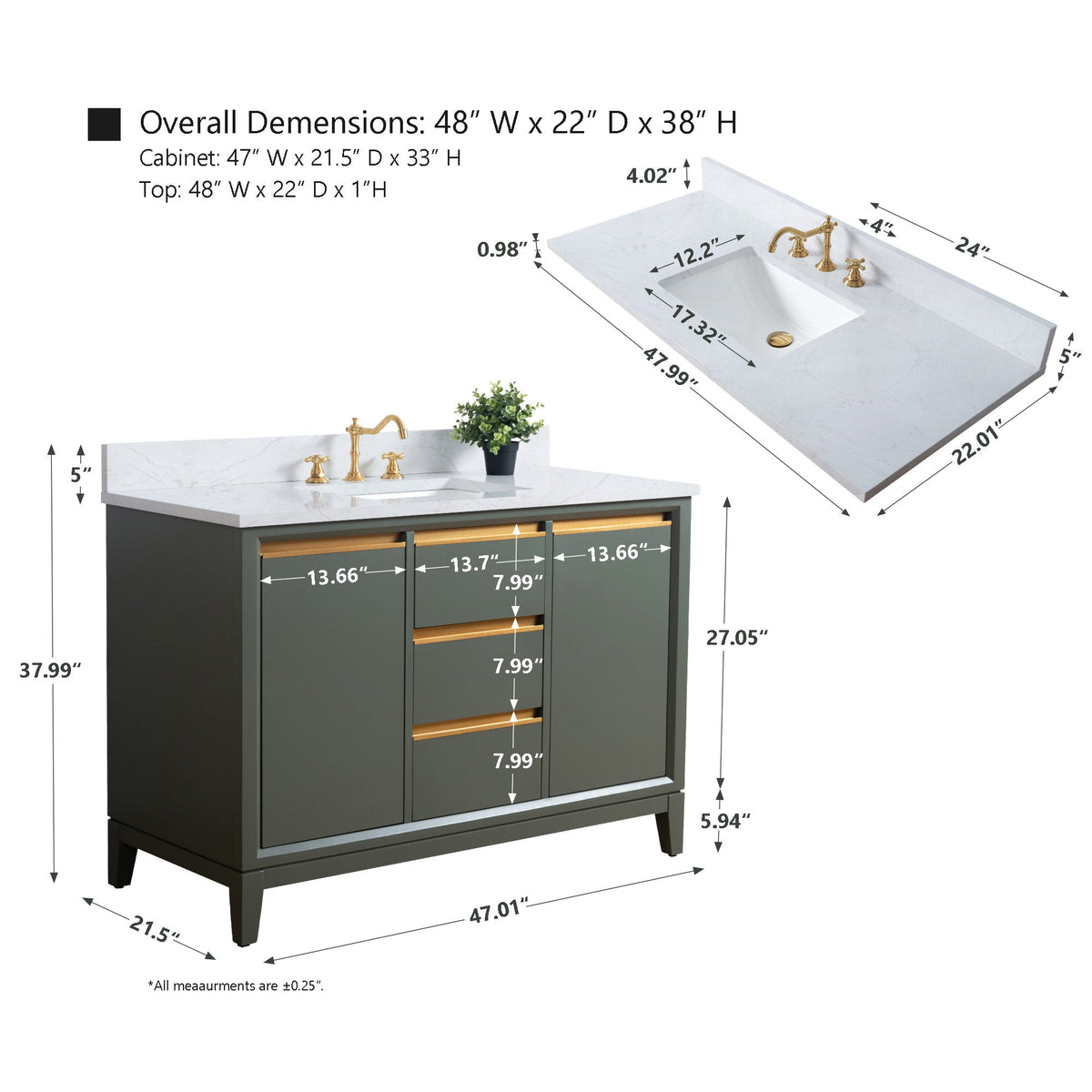 Vanity Art 48 in. W x 22 in. D x 34 in. H Single Sink Bathroom Vanity Cabinet in Vintage Green with Engineered Marble Top