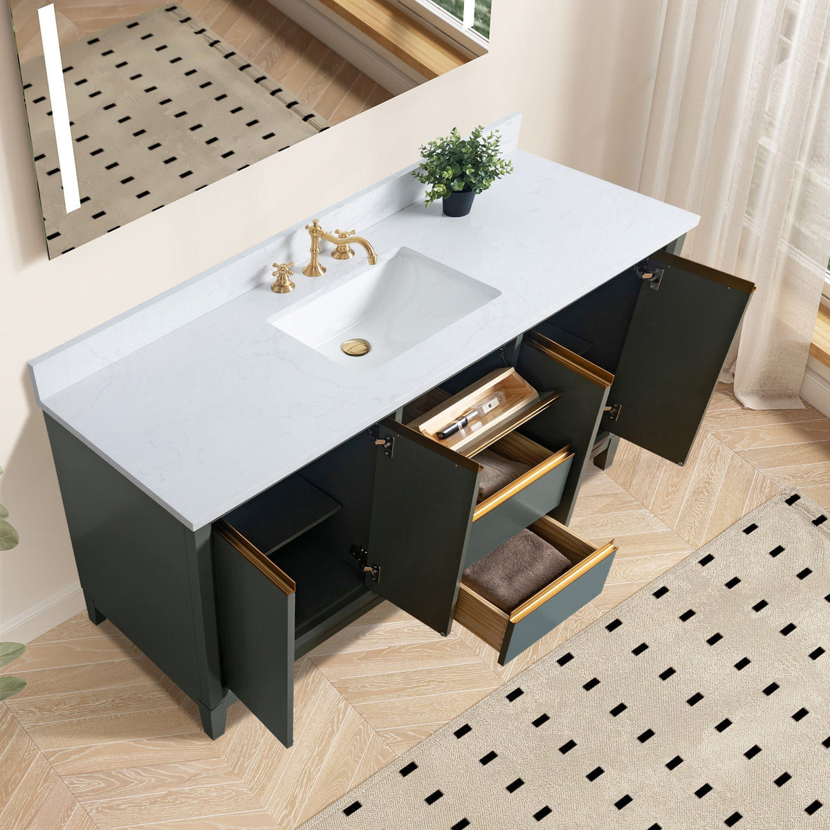 Vanity Art 60 in. W x 22 in. D x 34 in. H Single Sink Bathroom Vanity Cabinet in Cashmere Gray with Engineered Marble Top in White