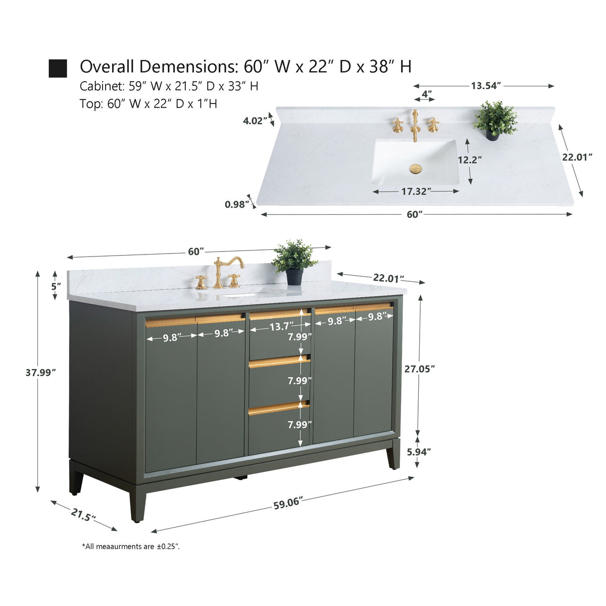 Vanity Art 60 in. W x 22 in. D x 34 in. H Single-Sink Bath Vanity in Driftwood Gray with Engineered Marble Top in Arabescato White