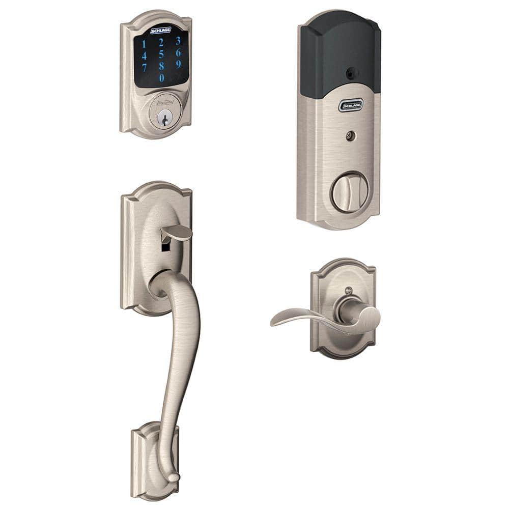 Schlage Camelot Satin Nickel Connect Z-Wave Plus Smart Deadbolt & Camelot Handleset with Accent Lever, Camelot Trim