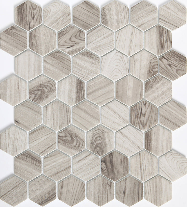 Emser Echo 14‑Pack Gray Wood Look Glass Mosaic Tile Border, 2" Hex on 12" x 14" Mesh