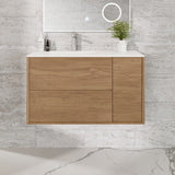 Eviva Prancer 36"W x 20"D Natural Oak Wall Mount Bathroom Vanity with White Solid Surface Countertop and Integrated Sink
