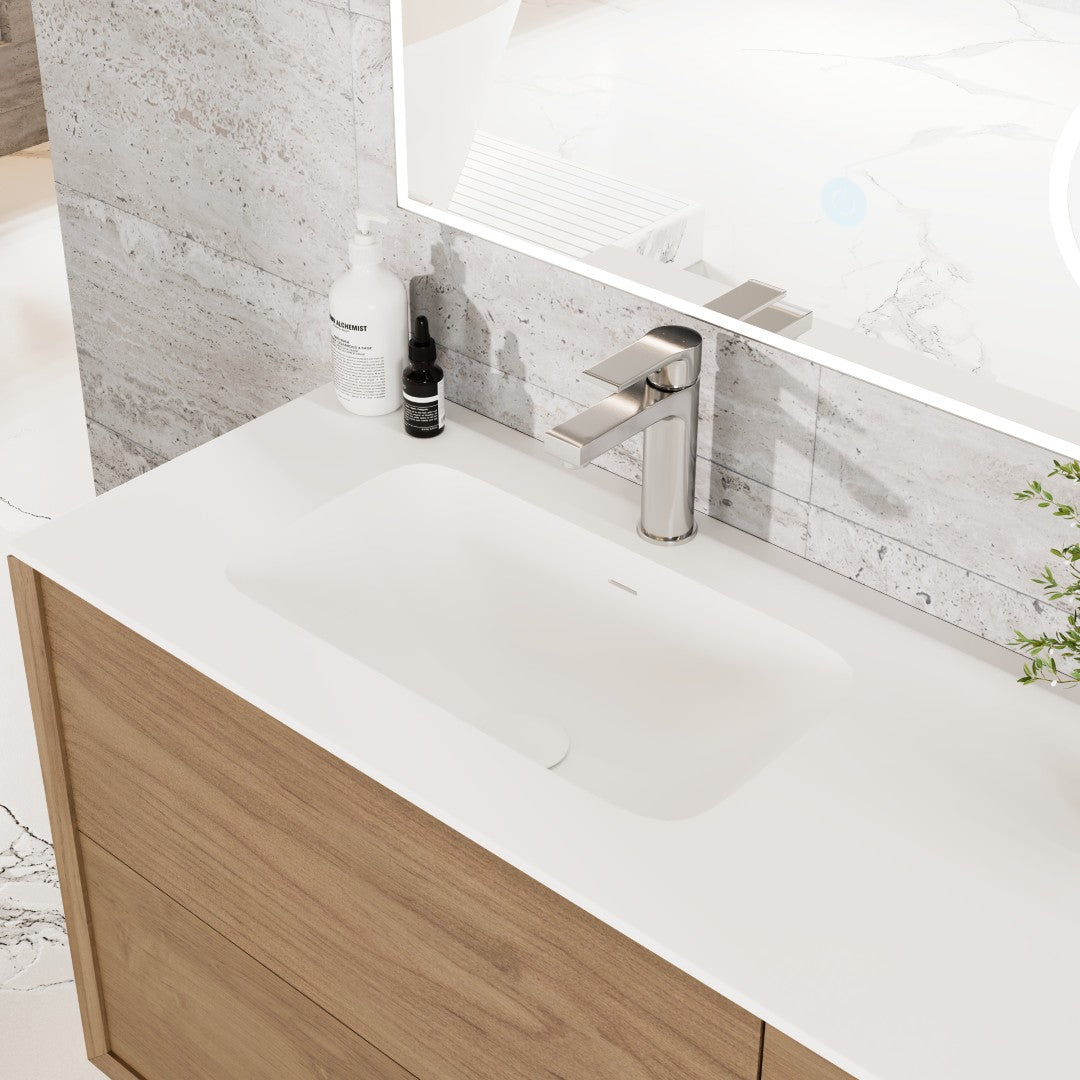 Eviva Prancer 36"W x 20"D Natural Oak Wall Mount Bathroom Vanity with White Solid Surface Countertop and Integrated Sink