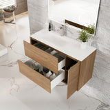 Eviva Prancer 36"W x 20"D Natural Oak Wall Mount Bathroom Vanity with White Solid Surface Countertop and Integrated Sink
